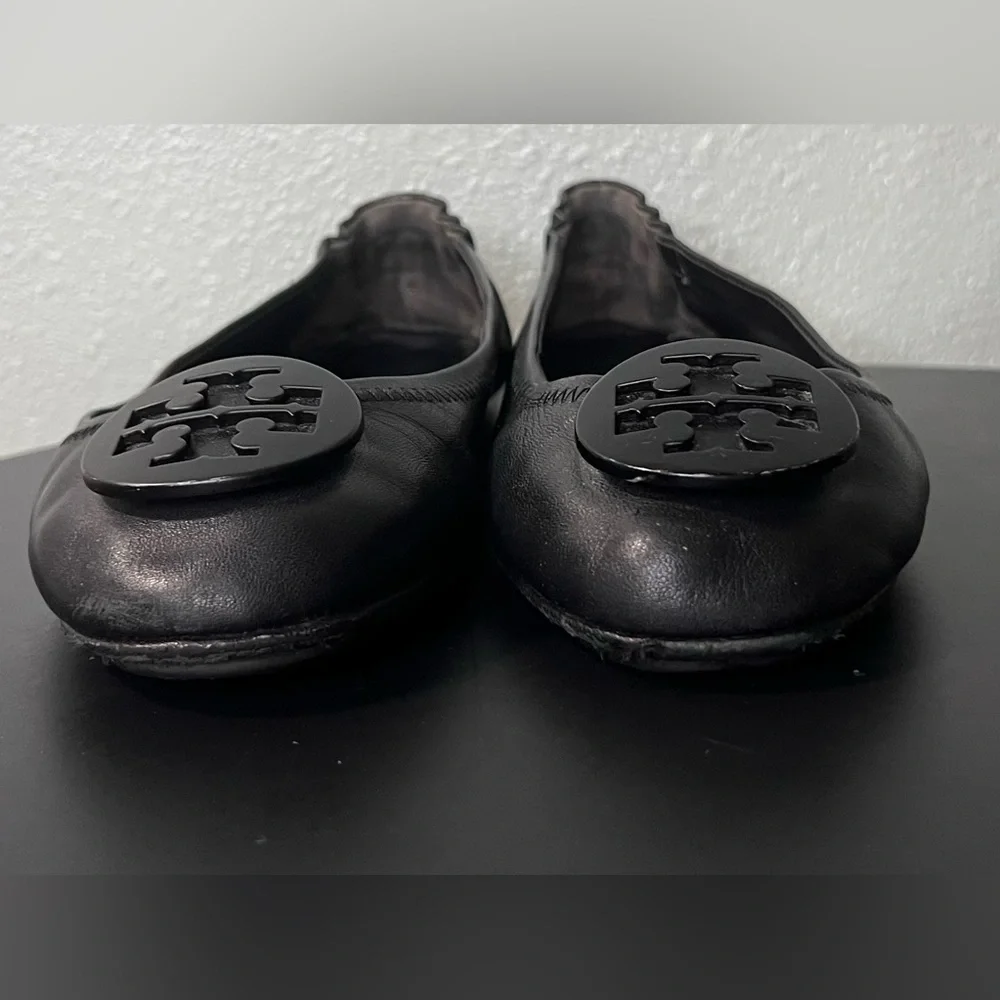 Tory Burch Black Leather Reva Travel Ballet Flats Casual Classic Office Business